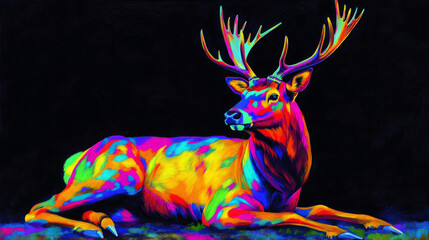 Fototapeta premium beautiful, A full-body shot of an elk, sitting on the ground, with vibrant colors, bold lines, and flat areas of color, painted in a modern abstract style.