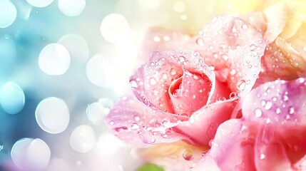 Close-up of a pink rose with dew drops, bokeh background.