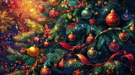 Beautifully adorned Christmas tree with close-up details of ornaments, ribbons, and lights, creating a perfect festive New Year's Card  design