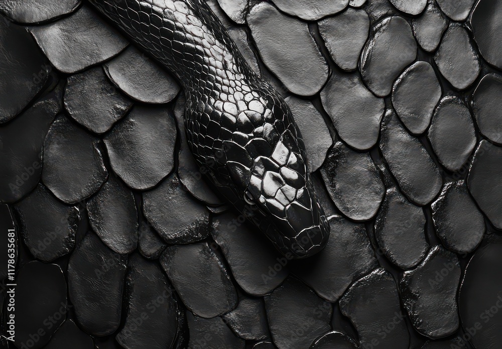Poster close-up of a black snake on textured scales background, detailed view capturing the intricacies of 