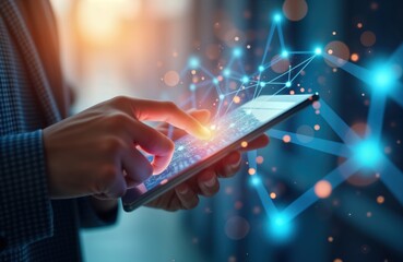 Person interacts with futuristic digital mobile device. Hands touch screen displaying complex data networks. Digital connections, tech details highlight modern tech, global connectivity.