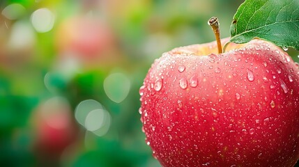 Close-up of a ripe, red apple with water droplets on its skin, hanging from a branch in an orchard.