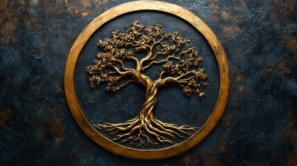 Intricate gold tree of life relief on dark background.