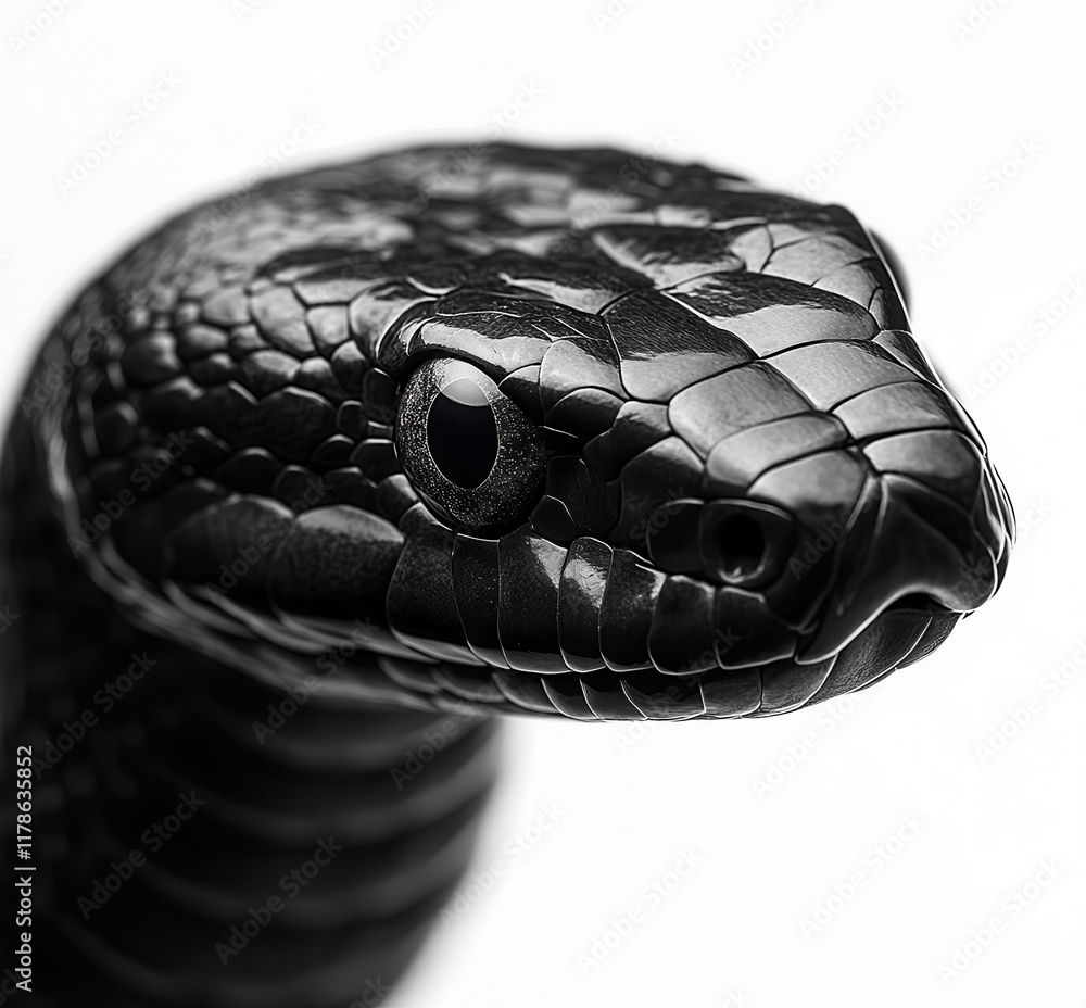 Aufkleber close-up of a black snake with intricate scales showcasing glossy texture and captivating features, 