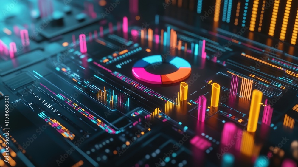 Poster a sleek d financial chart with colorful bars, pie charts, and line graphs, surrounded by futuristic 