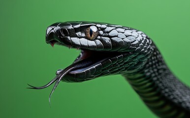 Naklejka premium Close-Up of a Black Snake with Textured Scales and Intense Eyes Against a Bright Green Background, Capturing the Intricacies of Reptilian Features and Movement