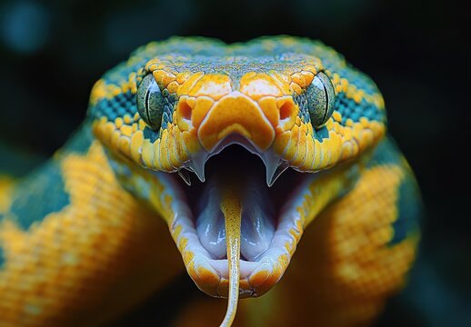Close-Up of a Colorful Green and Yellow Python with Erupting Tongue Displaying Intricate Patterns and Sharp Features Captured in Nature's Habitat