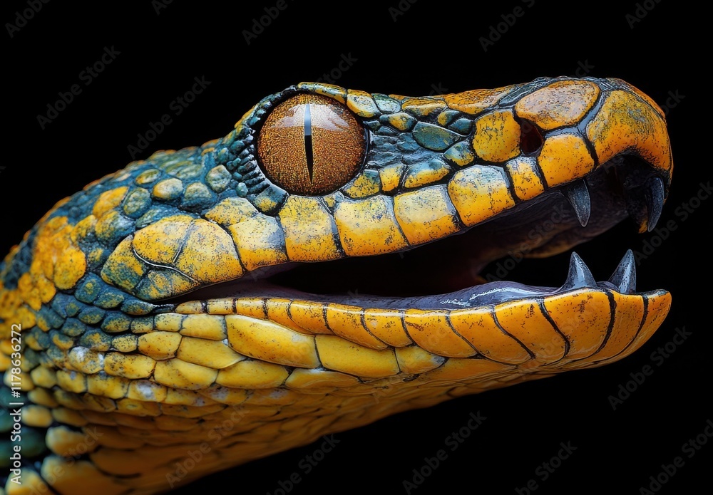Poster close-up of a colorful snake with vibrant patterns captured in incredible detail against a dark back