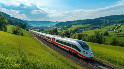 Fototapeta premium A sleek high-speed train zipping through a picturesque landscape, showcasing its aerodynamic design against a backdrop of lush green fields and a clear blue sky.