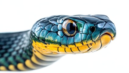 Fototapeta premium Close-up of a Colorful Snake with Vibrant Scales Displaying Intricate Patterns, Captured in High Detail on a Clean White Background