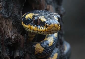 Obraz premium Close-up of a Colorful Yellow and Black Snake Blend in Natural Habitat on Weathered Tree Trunk with Intricate Details Capturing Its Scales and Expressions