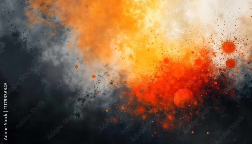 Poster Abstract background design with vibrant color gradient. Orange, red colors blend with black, white creating textured effect. Grungy, grainy texture adds dynamic look. Empty space available for copy
