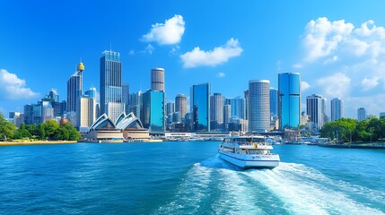 Obraz premium Sydney skyline, ferry, harbor, sunny day, tourism.