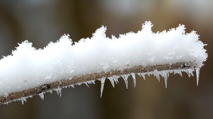 Obraz premium Close-up of a snow-covered twig with ice formations.