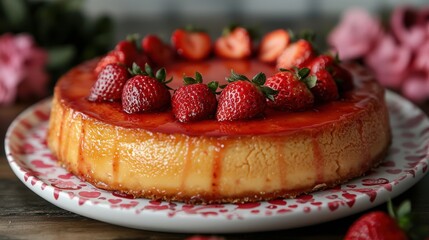 Creamy Strawberry Flan with Glossy Berry Topping on Ornate Plate