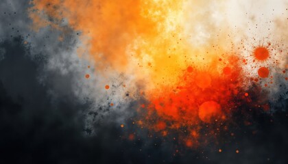 Abstract background design with vibrant color gradient. Orange, red colors blend with black, white creating textured effect. Grungy, grainy texture adds dynamic look. Empty space available for copy
