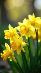 Dense cluster of daffodils, sunlight highlights petals, flora, petals, sunlight
