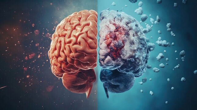 A split-image showing a healthy human brain on one side and an unhealthy brain affected by disease on the other, emphasizing the importance of brain health and awareness.