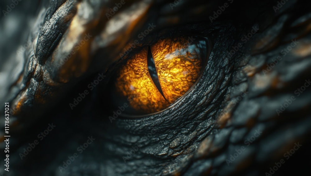 Poster close-up of a lifelike dragon eye with intricate texture and striking orange iris, emphasizing depth