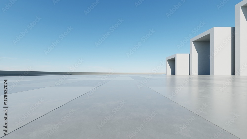 Aufkleber 3d render of abstract modern architecture with empty cement floor, minimal exterior, car presentatio