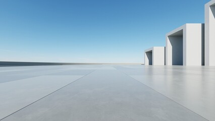Obraz premium 3d render of abstract modern architecture with empty cement floor, minimal exterior, car presentation background