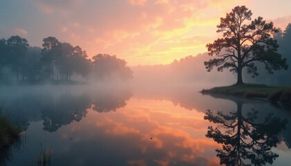 Obraz premium Misty dawn, still pond reflects fog-shrouded trees, reflection, outdoor, tranquil