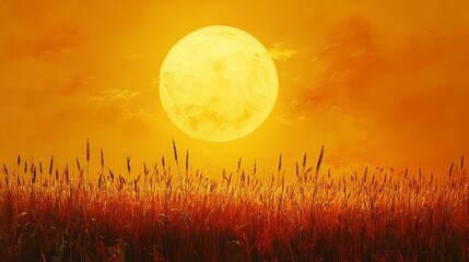 Large yellow moon over a field of tall grass at sunset.