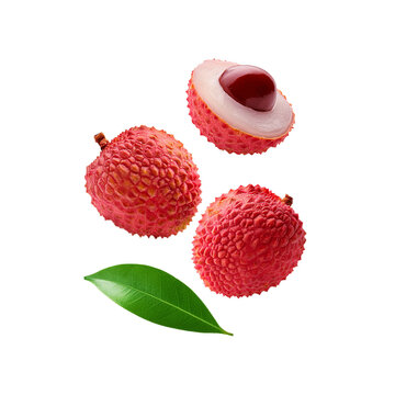 lychee fruit with green leaf on transparent background