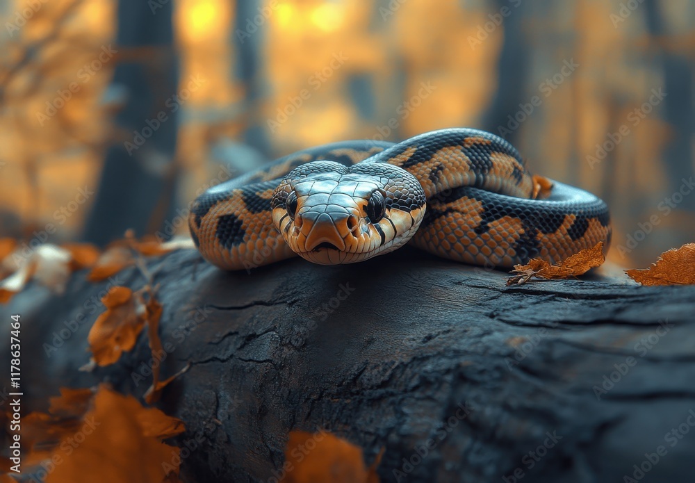 Poster close-up of a serene snake resting on a tree log amid autumn leaves in a misty forest with warm tone