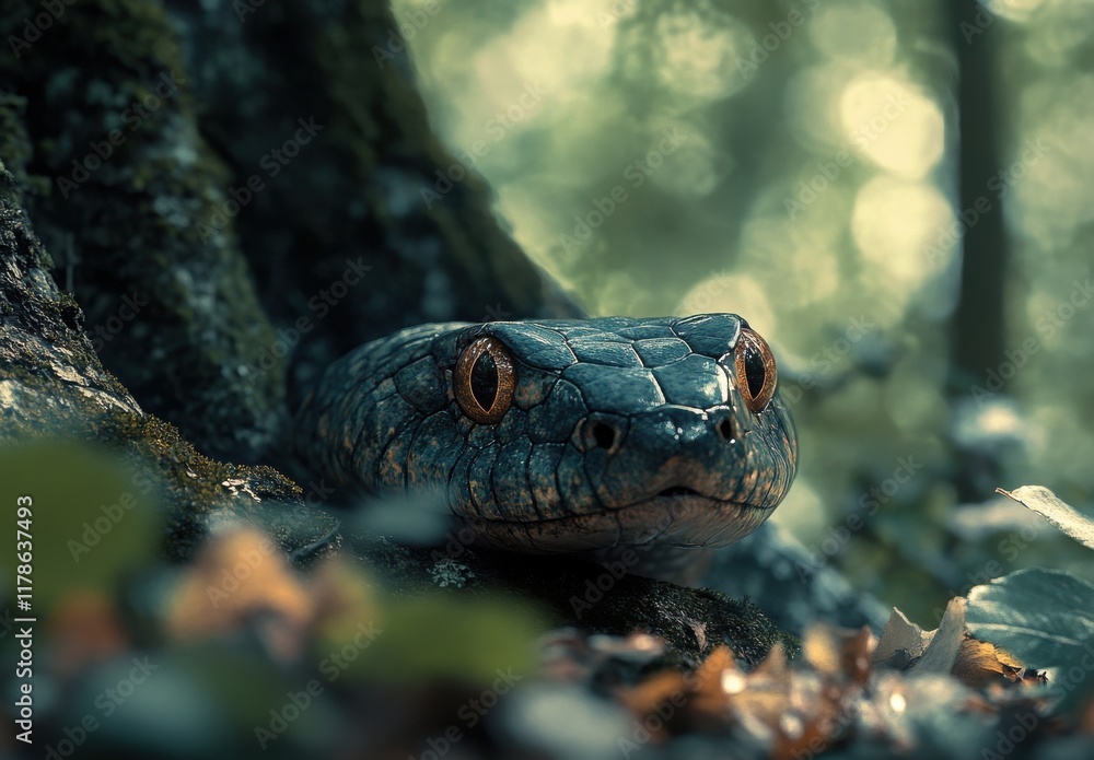 Poster close-up of a serene snake resting by a tree trunk in the forest, displaying glimmering scales and i