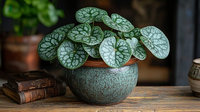 A potted silver-spotted  plant with round, patterned leaves sits on a rustic wooden surface.