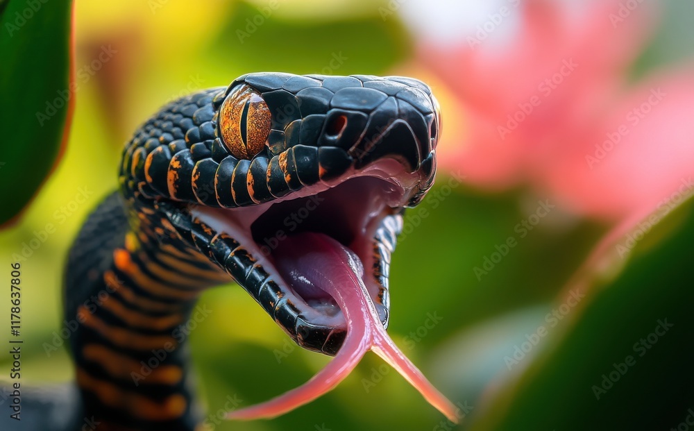 Poster close-up of a snake displaying its forked tongue surrounded by lush greenery and vibrant blooms capt