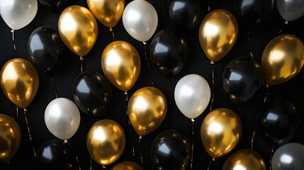 Black, gold, and white balloons beautifully arranged on a dark background, ideal for Black Friday promotions or upscale event decorations.