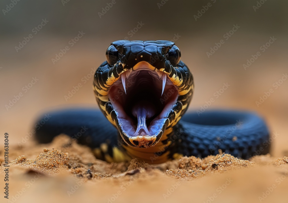 Poster close-up of a striking black snake with open mouth and intricate patterns on its scales against a na