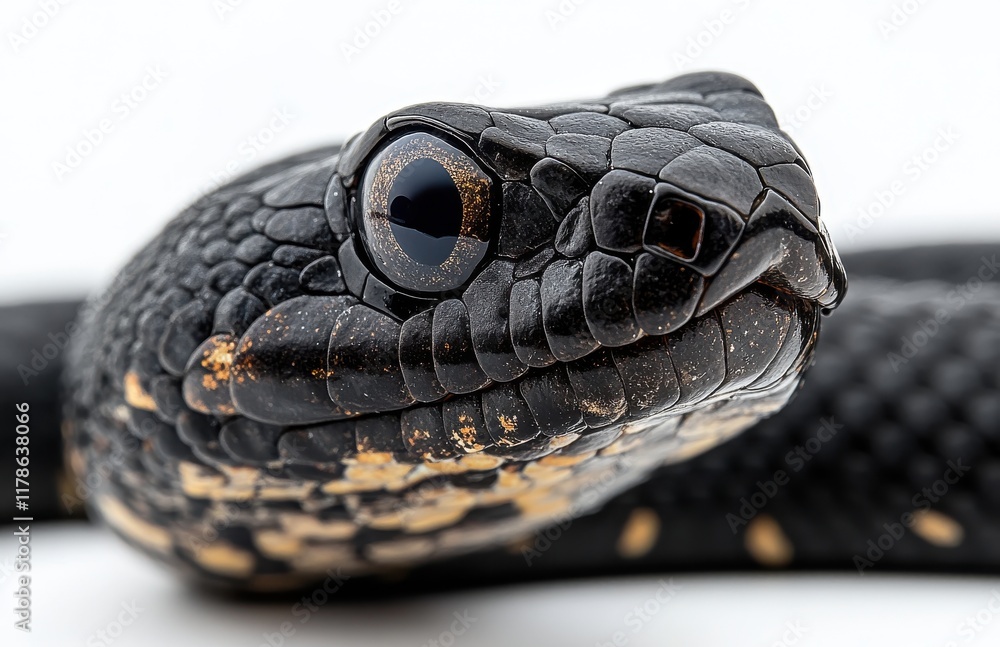 Poster close-up of a striking black snake with unique scales and patterns, showcasing its detailed features