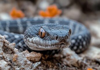 Fototapeta premium Close-Up of a Striking Snake with Intricate Scales and Vibrant Eyes Resting on Rocky Ground Surrounded by Natural Flora in a Desert Environment