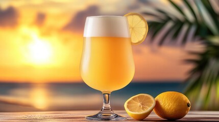 A stylish beer glass filled with a creamy wheat beer, decorated with a slice of lemon on the rim, set against a vibrant sunset backdrop, capturing the essence of summer evenings.