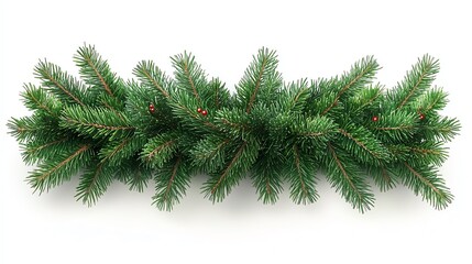 A festive garland of pine branches with red berries, isolated on a white background.