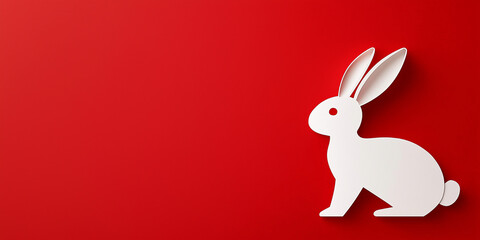 Fototapeta premium Fröhliche Ostern-Grußkarte mit aus weißem Papier ausgeschnittenem Osterhasen isoliert auf rotem Hintergrund