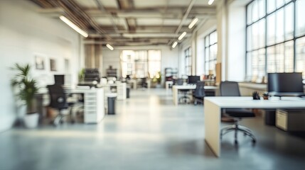 Blurred photo of a spacious, modern open office with white walls and sleek, minimalistic furnishings, perfect for a professional background design concept