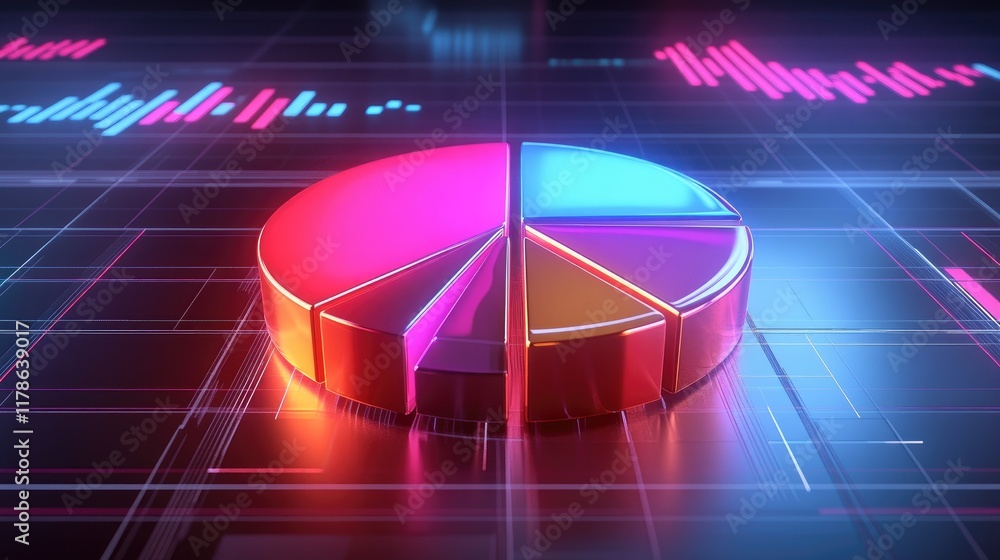 Poster A stylized D pie chart with metallic segments, each segment illuminated by neon lights, set against a high-tech background with data grids and financial metrics displayed.