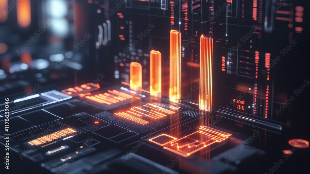 Poster a stylized d bar chart with glowing segments, each bar representing a different aspect of market ana
