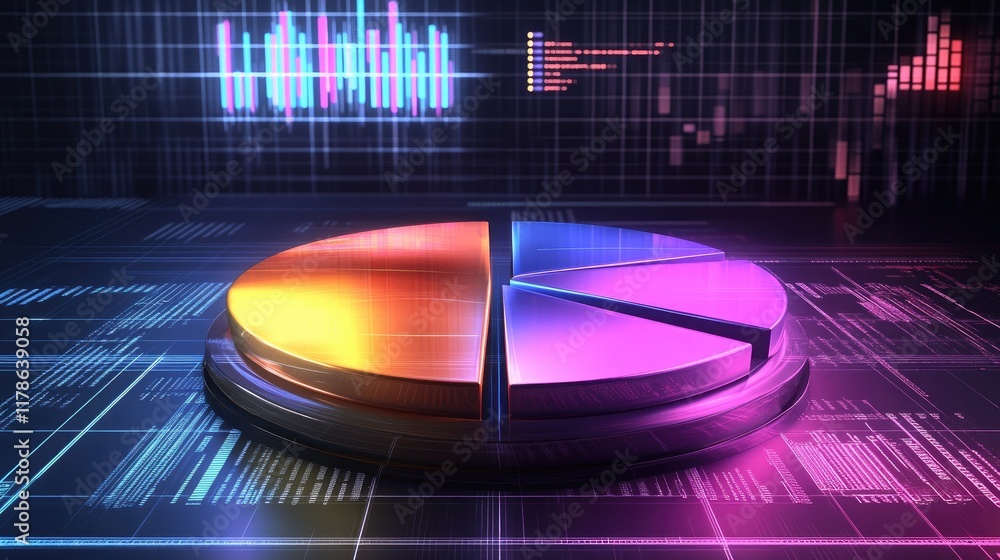 Poster A stylized D pie chart with metallic segments, each segment illuminated by neon lights, set against a high-tech background with data grids and financial metrics displayed.