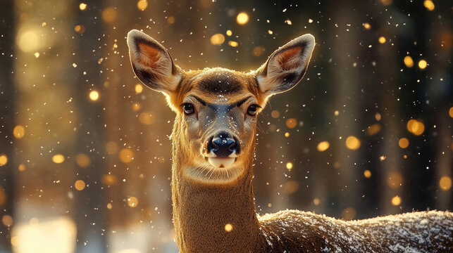 beautiful, A deer in the snow, a close-up portrait photograph, with gold and brown tones, surrounded by falling golden light particles, a symmetrical composition, a forest background, taken with a te