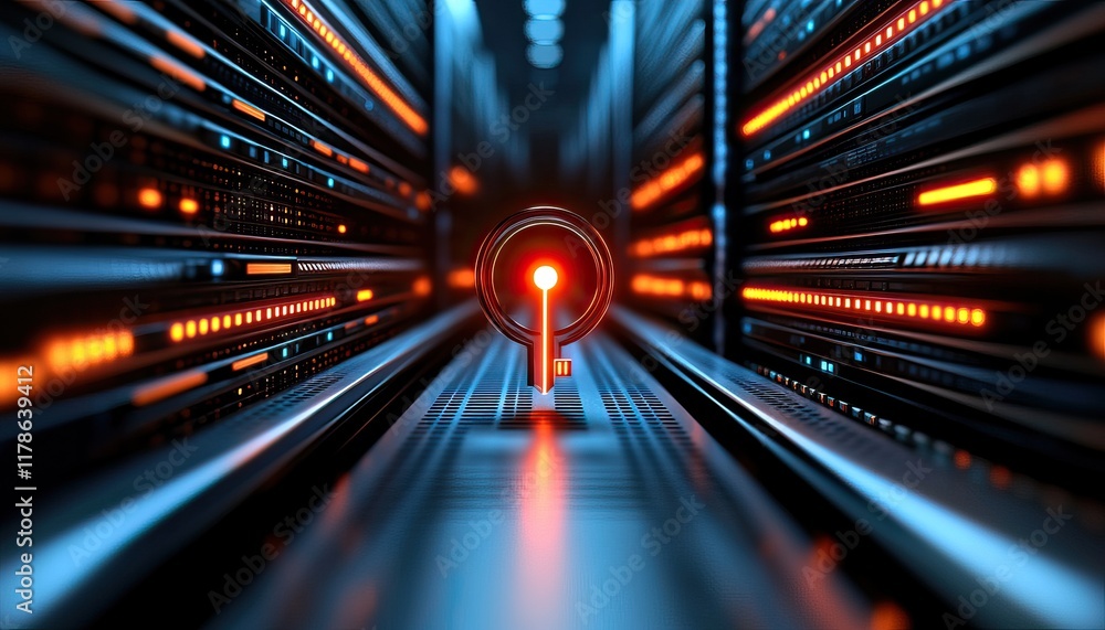 Poster a futuristic data center with illuminated server racks, showcasing a glowing red light at the center