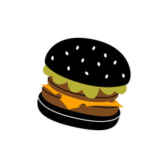 Tasty craft burger with black bun. Traditional American fast food. Vector illustration.