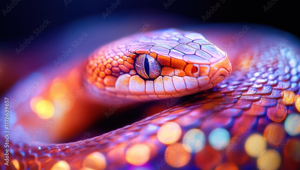 Poster close-up of colorful snake with intricate scales and blurred background, displaying iridescent patte