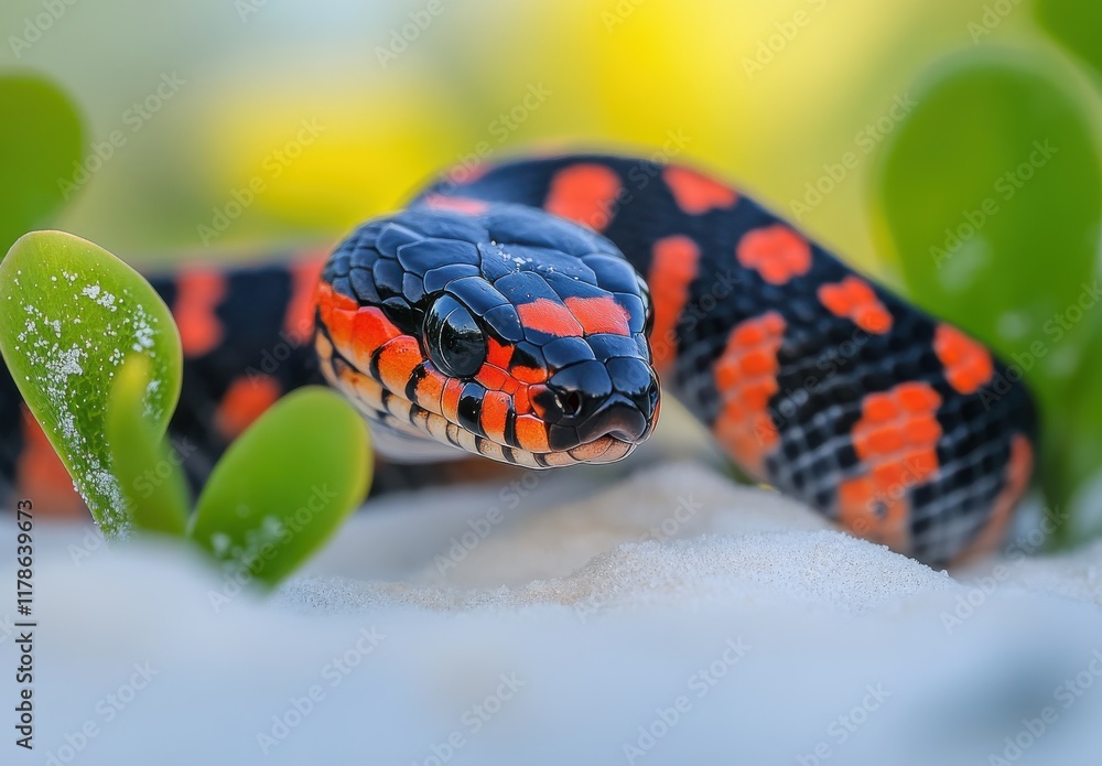 Poster close-up of colorful snake gliding through green plants on a sandy surface with a background of soft