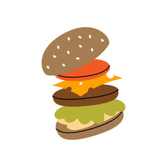 Tasty hamburger with flying ingredients. Traditional American fast food. Vector illustration.