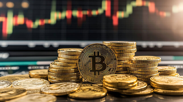 finance, Illustration of gold coins and financial charts, with a stock market candlestick chart background, high-definition photography, wide-angle lens, gold color tone, static composition, strong c